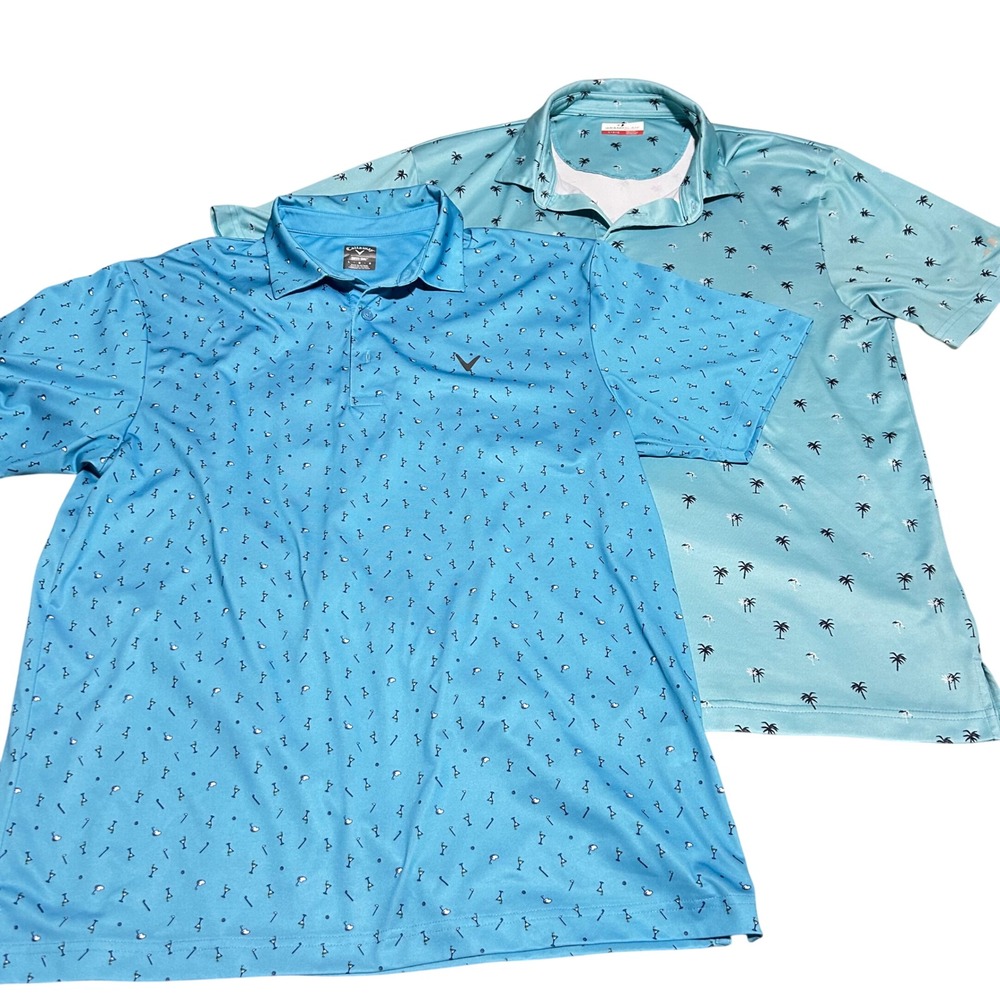 Callaway Grand Slam Golf Polo Mens L Blue Aqua Palm Tree Flamingo Martini Lot 2